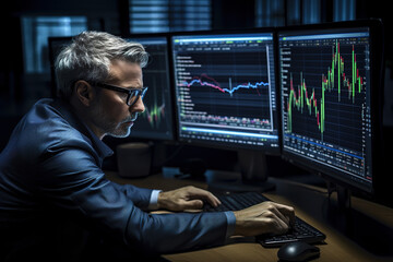 Side view of male financial analyst examining stock market graphs over multiple monitors in office.