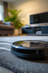 A robotic vacuum cleaner on the floor of a living room. Perfect for cleaning hard-to-reach areas and maintaining a tidy home