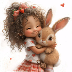 Cute girl with curly hair with a shiny bow, in a menthol T-shirt with strawberries, skirt with pockets, striped tights and shoes with clasps, hugging a big Cute Rabbit - obrazy, fototapety, plakaty