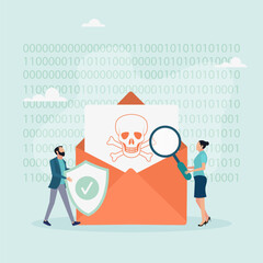 Hacker attack and web security. Fraud alert. Spam, malicious application. Envelope with a skull. Modern flat cartoon style. Vector illustration.
