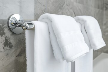 chrome towel rail with white towels in a spa setting