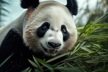 A close-up shot of a panda bear munching on bamboo. Perfect for nature enthusiasts and animal lovers