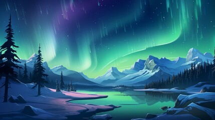 A breathtaking view of the Northern Lights over snowy mountains. vector cartoon graphic Generative AI