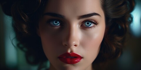 Fototapeta premium A close-up view of a woman's face with vibrant red lipstick. Perfect for beauty, fashion, and makeup concepts