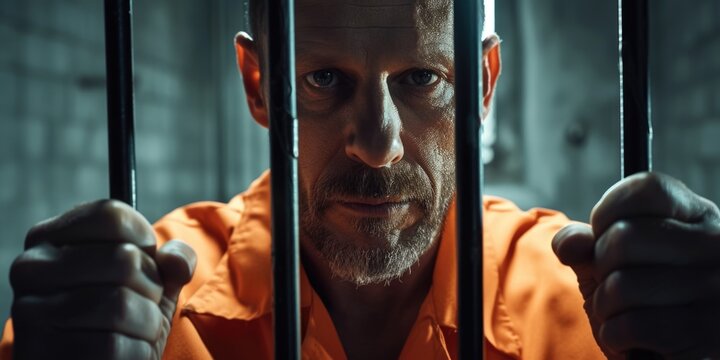 A man wearing an orange shirt is seen behind bars. This image can be used to represent imprisonment, confinement, or the criminal justice system
