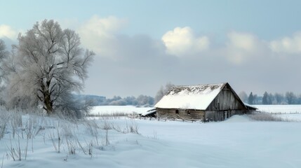 An old barn stands in the middle of a snowy field. Perfect for winter landscapes or rustic farm scenes