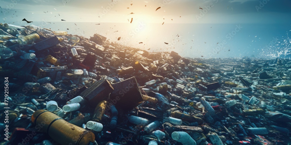 Poster A pile of garbage with a sun shining in the background. Suitable for environmental issues and waste management concepts