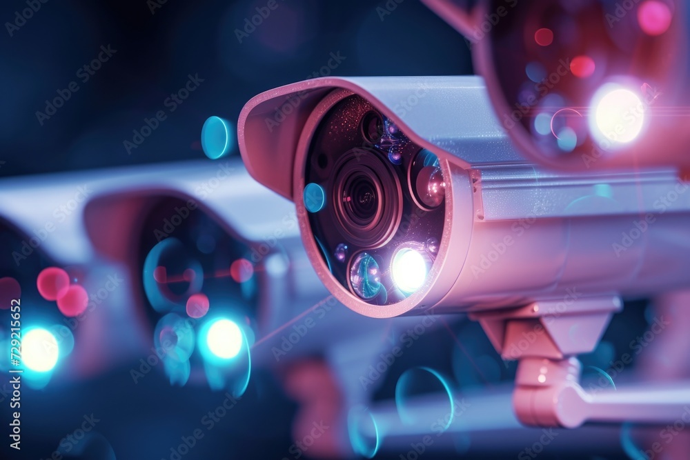 Poster a close up view of a bunch of surveillance cameras. can be used to illustrate security, surveillance