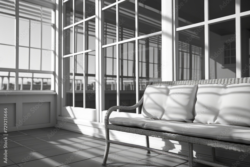 Poster A black and white photo of a bench positioned in front of a window. This image can be used to depict a peaceful and contemplative atmosphere