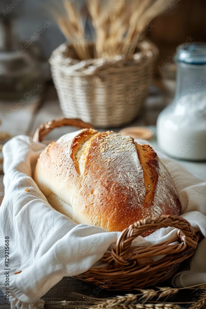 Poster a loaf of bread is placed in a basket on a table. suitable for food and kitchen-related projects
