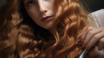 Obraz premium A woman with long red hair is seen brushing her hair. This image can be used in hair care, beauty, and grooming related projects