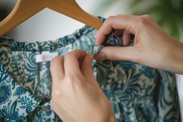 closeup of hands selecting a blouse on hanger