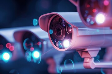 A close up view of a bunch of surveillance cameras. Can be used to illustrate security, surveillance, or technology concepts - obrazy, fototapety, plakaty