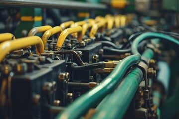 Hoses in green and yellow colors are seen arranged on a conveyor belt. Suitable for industrial or manufacturing concepts
