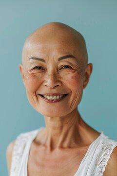 A woman with a bald head smiles at the camera. Suitable for various uses
