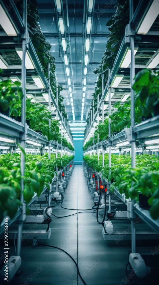 Poster Agricultural greenhouse with hydroponic shelves, Hydroponics farm in building with high technology farming. Agricultural technology concept.