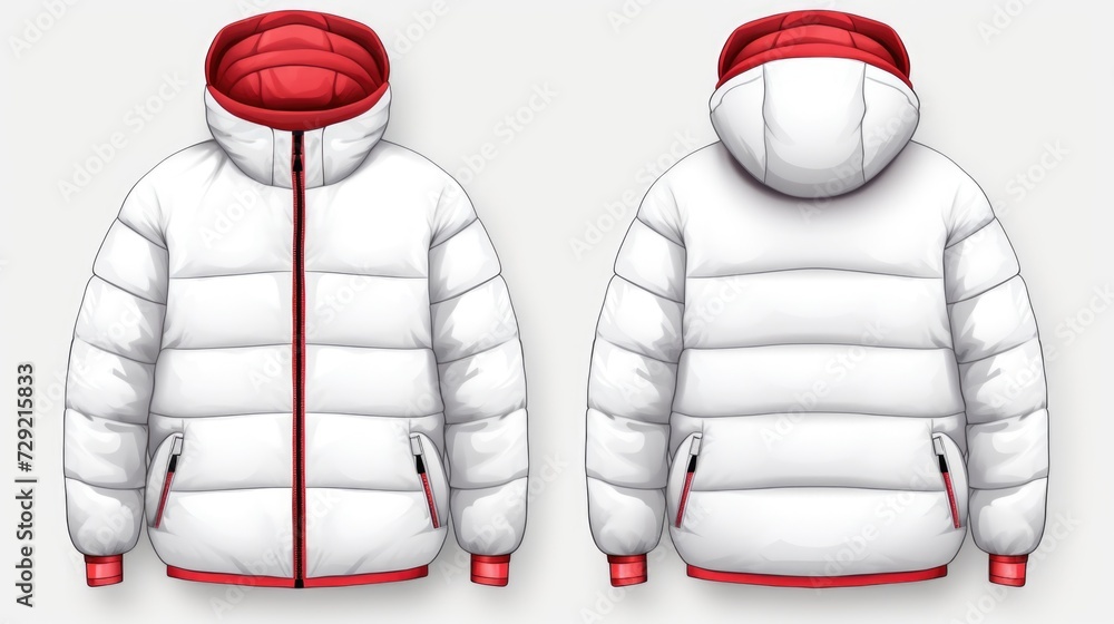 Poster a picture of a white jacket with a red hoodie. this versatile jacket can be used in various settings