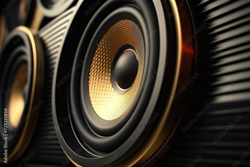 Poster Close up view of a pair of speakers mounted on a wall. Perfect for adding a modern touch to any room or professional audio setup