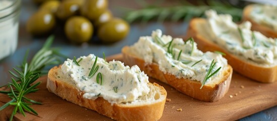 Crusty baguette pieces spread with herbed cream cheese served on an olive board.