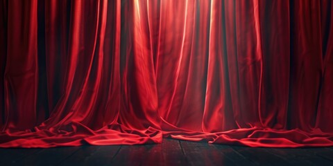 A room with a red curtain and a wooden floor. Perfect for theater-themed designs or interior decoration concepts