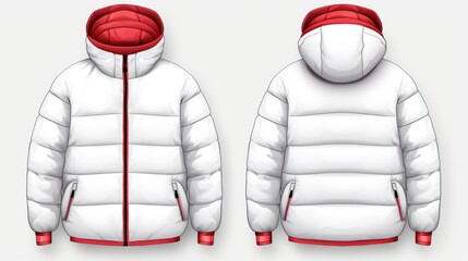 A picture of a white jacket with a red hoodie. This versatile jacket can be used in various settings and outfits