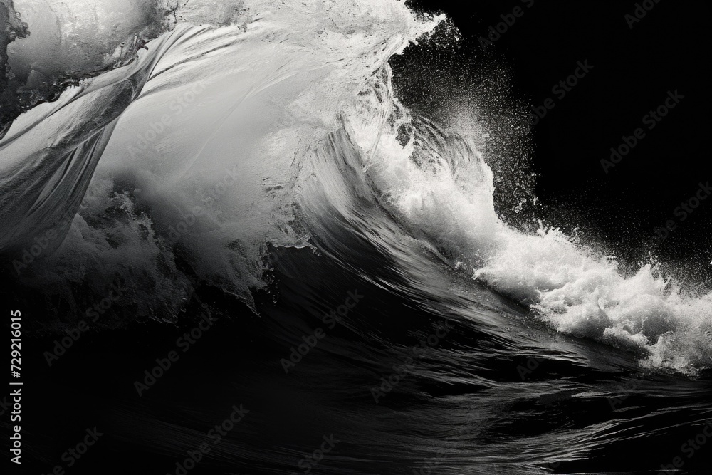 Poster a captivating black and white photo capturing the beauty and power of a wave. suitable for various u