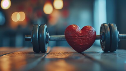 A red heart resting on a metallic dumbbell. Suitable for fitness and health-related concepts