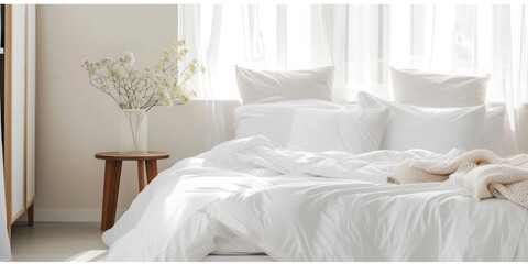 Fototapeta na wymiar White Bed With White Sheets and Pillows