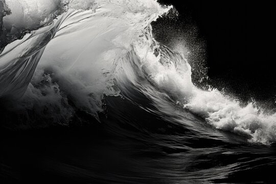 A captivating black and white photo capturing the beauty and power of a wave. Suitable for various uses