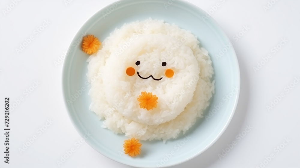 Wall mural funny food for kids, cute rice porridge on a plate on a white background, character with a smile and