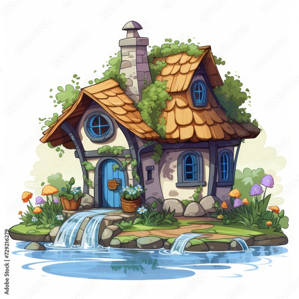 Aufkleber a cozy fairytale house with a rustic water well and a serene countryside setting. generative ai