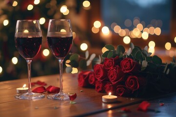 Two glasses of wine and a bouquet of roses on a table. Ideal for romantic occasions and celebrations