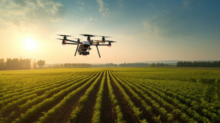 Agricultural technology concept. drone flies over green field and sprays useful pesticides to increase productivity destroys harmful insects.