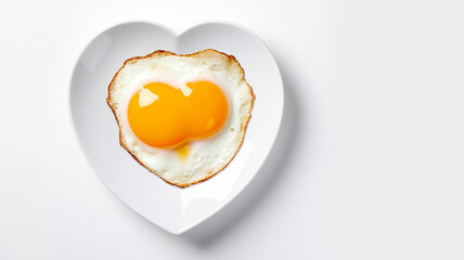Fried eggs on a heart-shaped plate on a white background, a symbol of love, food for a healthy diet