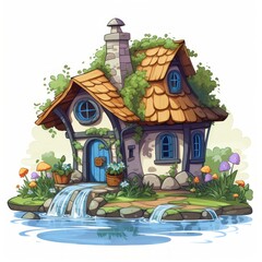 A cozy fairytale house with a rustic water well and a serene countryside setting. Generative AI