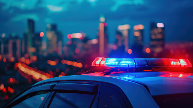 Police Car Parked in Front of City at Night