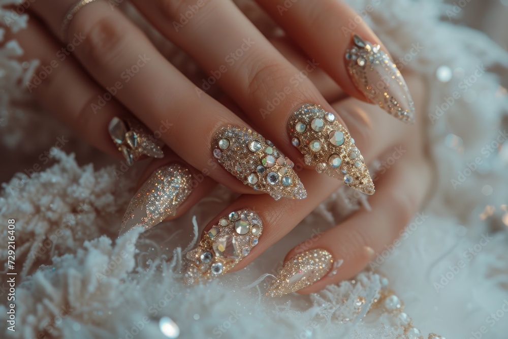 Poster A detailed view of someone's nails adorned with shimmering gold glitter. Perfect for adding a touch of glamour and sparkle to any project or design