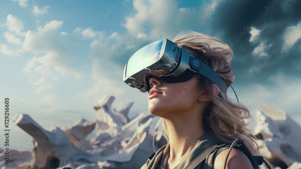 Poster a woman is pictured wearing a pair of virtual glasses. this image can be used to illustrate the conc