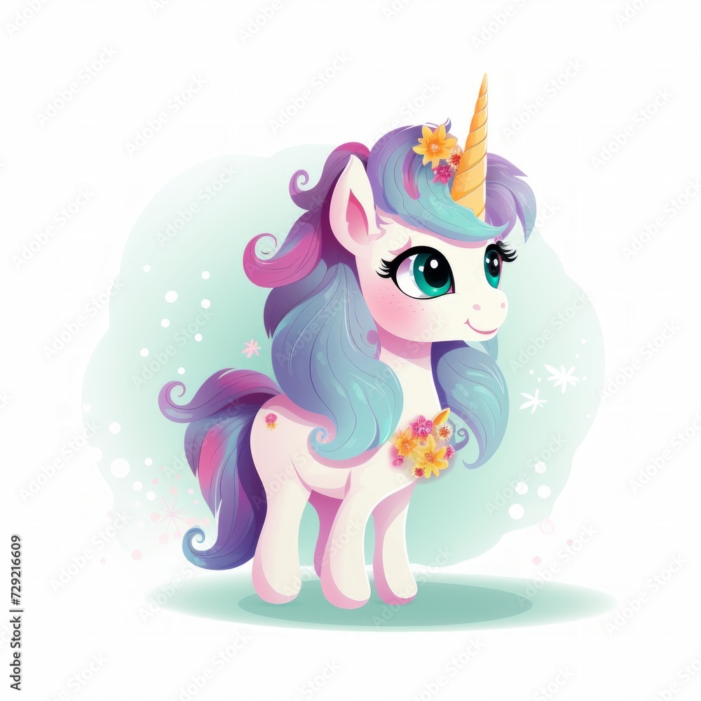 Poster a delightful creature resembling a tiny unicorn, yet with whimsical, colorful fur. generative ai
