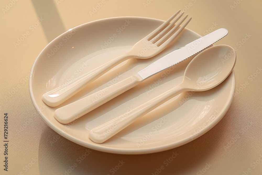Poster a simple and practical plate with a fork, knife, and spoon. suitable for use in restaurants, dining 