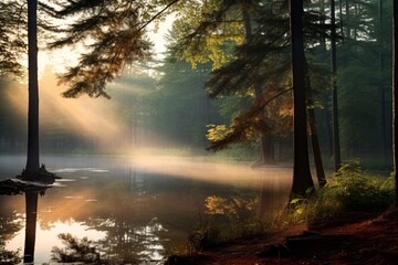 : A tranquil forest pond reflecting the rich colors of the surrounding foliage in the soft light of dawn.