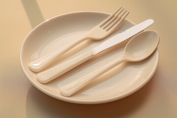 A simple and practical plate with a fork, knife, and spoon. Suitable for use in restaurants, dining establishments, or home kitchens
