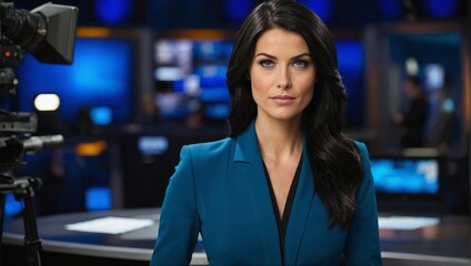 Woman in Blue Suit Standing in Front of Camera. Generative AI.