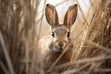 Obraz premium A rabbit standing in tall grass. Can be used to depict wildlife, nature, or animal behavior