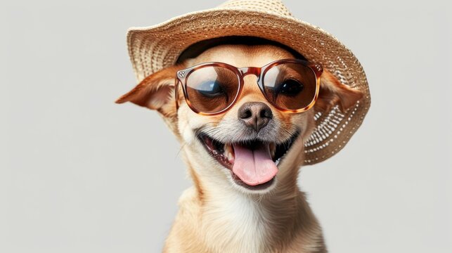 A dog wearing a straw hat and sunglasses. Perfect for summer-themed designs and pet-related projects