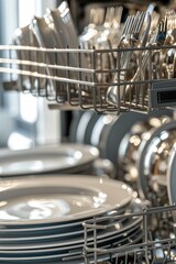 A collection of plates and silverware in a dishwasher. Perfect for showcasing the cleanliness and organization of a modern kitchen.