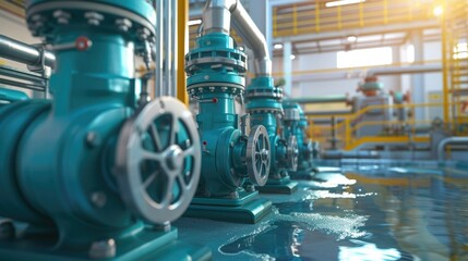 Valves sitting on top of a blue floor. Suitable for industrial and engineering concepts