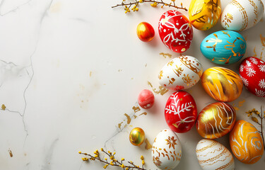 Naklejka premium Colorful Easter eggs with a golden pattern on a white background. Copy space. Photorealistic, background with bokeh effect. 