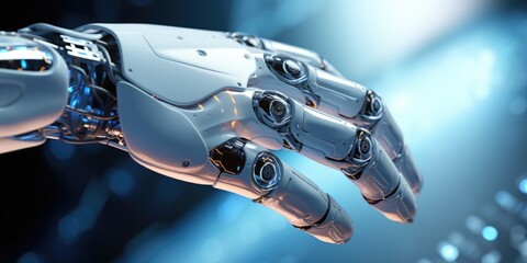 A detailed view of a robot's hand. This image can be used to depict advanced technology, automation, robotics, or futuristic concepts