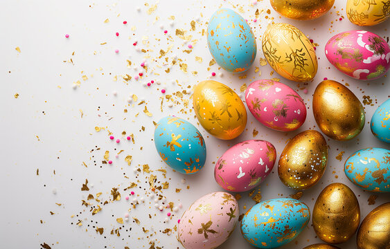 Colorful Easter eggs with a golden pattern  on a white background. Copy space. Photorealistic, background with bokeh effect. 